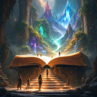 The primary subject of the image is a large book, which is the main object in the scene. The setting is a mountainous landscape with a castle-like structure in the background. The visual style is digital art, as the book appears to be a part of a fantasy world. The dominant colors in the image are blue and purple, creating a serene and magical atmosphere.